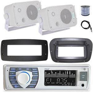 Pyle PLRMR23BTW Single DIN Bluetooth Marine MP3 Stereo Receiver, Spa bezel, Adapter Plate, 22" Radio Antenna, Wire, 2x 5.25" 400W Max Indoor/Outdoor Waterproof Audio Speakers (White)