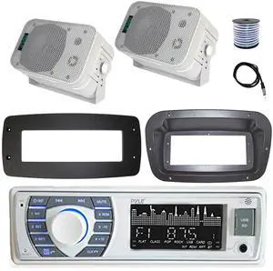 Pyle PLRMR23BTW Single DIN Bluetooth Marine MP3 Stereo Receiver, Spa bezel, Adapter Plate, Radio Antenna, Wire, 2x 5.25" 600 Watt Max Power Bluetooth Indoor/Outdoor Waterproof Audio Speakers (White)