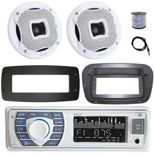 Pyle PLRMR23BTW Single DIN Bluetooth Marine MP3 Stereo Receiver, Spa bezel, Adapter Plate, 22" Radio Antenna, Wire, 2x 6.5" 400W Max 2-Way Water Resistant Audio Speakers (White)