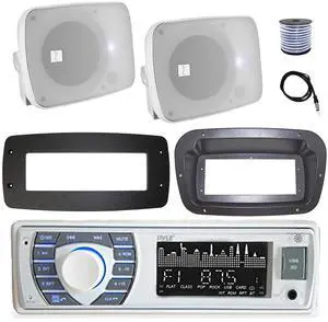 Pyle PLRMR23BTW Single DIN Bluetooth Marine MP3 Stereo Receiver, Spa bezel, Adapter Plate, 22" Radio Antenna, Wire, 2x 2.25" 10W Max Full Range Waterproof Off-Road Audio Speakers (Chrome)