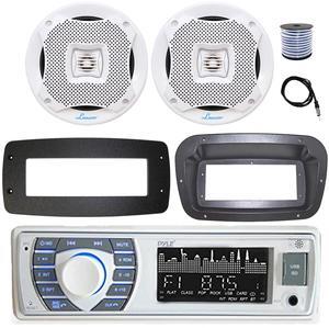 Pyle PLRMR23BTW Single DIN Bluetooth Marine MP3 Stereo Receiver, Spa bezel, Adapter Plate, 22" Radio Antenna, Wire, 2x 4" 30 Watt Peak Water-Resistant 3-Way InDoor/OutDoor Audio Speakers (White)