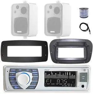 Pyle PLRMR23BTW Single DIN Bluetooth Marine MP3 Stereo Receiver, Spa bezel, Adapter Plate, 22" Radio Antenna, Wire, 2x 6.5" 180 Watt Max Power 2-Way Water Resistant Audio Speakers (Charcoal)