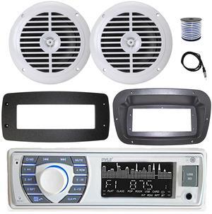 Pyle PLRMR23BTW Single DIN Bluetooth Marine MP3 Stereo Receiver, Spa bezel, Adapter Plate, 22" Radio Antenna, Wire, 2x 6.5'' 150 Watt Max Dual Cone Multicolor LED Audio Speakers (White) w/Remote