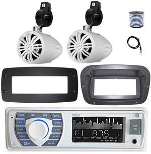 Pyle PLRMR23BTW Single DIN Bluetooth Marine MP3 Stereo Receiver, Spa bezel, Adapter Plate, 22" Radio Antenna, Wire, 2x 3.5'' 200 Watt Max 3-Way Indoor/Outdoor Wall Mount Speaker (White)