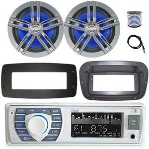 Pyle PLRMR23BTW Single DIN Bluetooth Marine MP3 Stereo Receiver, Spa bezel, Adapter Plate, 22" Radio Antenna, Wire, 2x 6.5" 180 Watt Peak Power 2-Way Boat Audio Speakers (White)
