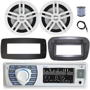 Pyle PLRMR23BTW Single DIN Bluetooth Marine MP3 Stereo Receiver, Spa bezel, Adapter Plate, 22" Radio Antenna, Wire, 2x 6.5" 180 Watt Max Power 2-Way Water Resistant Audio Speakers (White)