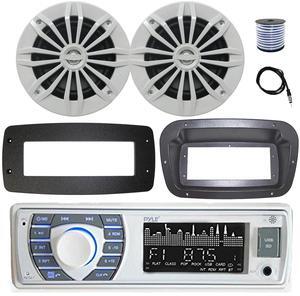 Pyle PLRMR23BTW Single DIN Bluetooth Marine MP3 Stereo Receiver, Spa bezel, Adapter Plate, 22" Radio Antenna, Wire, 2x 6.5" 90 Watt Peak Power 2-Way Full Range Audio Speakers (White)
