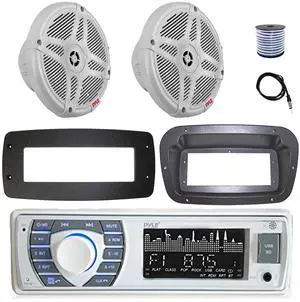 Pyle PLRMR23BTW Single DIN Bluetooth Marine MP3 Stereo Receiver, Spa bezel, Adapter Plate, 22" Radio Antenna, Wire, 2x 6.5'' 240 Watt Peak Slim Waterproof Multicolor LED Stereo Speakers (Camo)