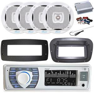 Pyle PLRMR23BTW Single DIN Bluetooth Marine MP3 Stereo Receiver, Spa bezel, Adapter Plate, 22" Radio Antenna, Wire, 4x 5.25" 400W Max Indoor/Outdoor Waterproof Audio Speakers (White)