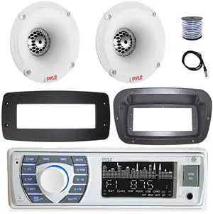 Pyle PLRMR23BTW Single DIN Bluetooth Marine MP3 Stereo Receiver, Spa bezel, Adapter Plate, 22" Radio Antenna, Wire, 2x 6.5" 200 Watt Peak Water Resistant Full Range Wakeboard Audio Speakers (White)