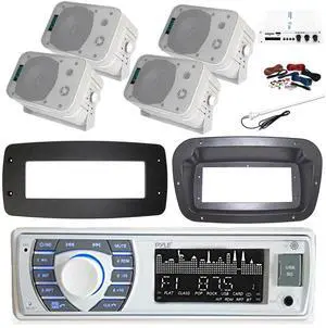 Pyle PLRMR23BTW Single DIN Bluetooth Marine MP3 Stereo Receiver, Spa bezel, Adapter Plate, Radio Antenna, Wire, 4x 5.25" 600 Watt Max Power Bluetooth Indoor/Outdoor Waterproof Audio Speakers (White)