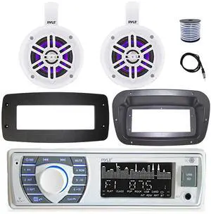 Pyle PLRMR23BTW Single DIN Bluetooth Marine MP3 Stereo Receiver, Spa bezel, Adapter Plate, 22" Radio Antenna, Wire, 2x 4" 100 Watt Max 2-Way Blue Flashing LED Boat Audio Speakers (White)