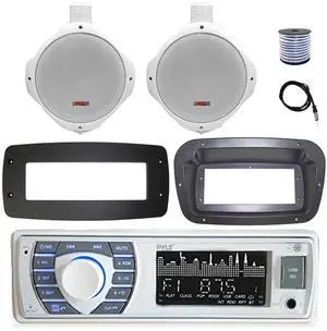 Pyle PLRMR23BTW Single DIN Bluetooth Marine MP3 Stereo Receiver, Spa bezel, Adapter Plate, 22" Radio Antenna, Wire, 2x 4" 150 Watt Max 2-Way Waterproof Off-Road Audio Speakers (White)