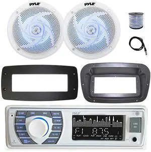 Pyle PLRMR23BTW Single DIN Bluetooth Marine MP3 Stereo Receiver, Spa bezel, Adapter Plate, 22" Radio Antenna, Wire, 2x 5.25" 180 Watt Max 2-Way Blue Flashing LED Boat Audio Speakers (White)
