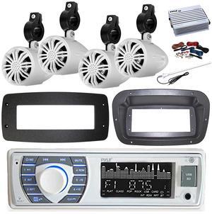 Pyle PLRMR23BTW Single DIN Bluetooth Marine MP3 Stereo Receiver, Spa bezel, Adapter Plate, 22" Radio Antenna, Wire, 4x 3.5'' 200 Watt Max 3-Way Indoor/Outdoor Wall Mount Speaker (White)