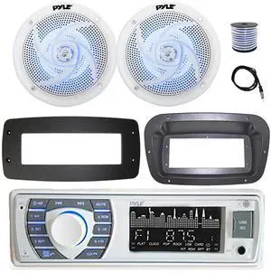 Pyle PLRMR23BTW Single DIN Bluetooth Marine MP3 Stereo Receiver, Spa bezel, Adapter Plate, 22" Radio Antenna, Wire, 2x 6'' 240 Watt Max 2-Way Boat Audio Speakers (White)