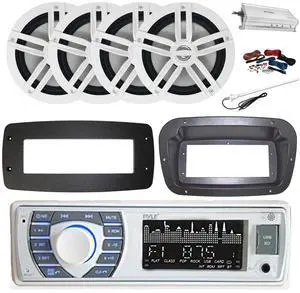 Pyle PLRMR23BTW Single DIN Bluetooth Marine MP3 Stereo Receiver, Spa bezel, Adapter Plate, 22" Radio Antenna, Wire, 4x 6.5" 180 Watt Max Power 2-Way Water Resistant Audio Speakers (White)