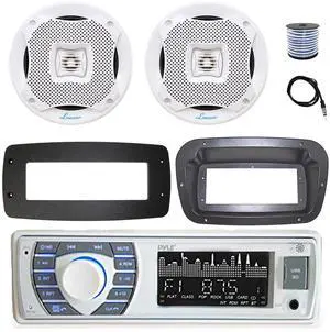 Pyle PLRMR23BTW Single DIN Bluetooth Marine MP3 Stereo Receiver, Spa bezel, Adapter Plate, 22" Radio Antenna, Wire, 2x 6.5" 450 Watt Peak 2-Way Water Resistant Boat Audio Speakers (White)
