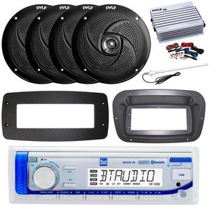 Dual MXD13 Single DIN Bluetooth Marine MP3 AM/FM Stereo Receiver, Spa bezel, Adapter Plate, 22" Radio Antenna, Wire, 4x 6'' 240 Watt Max Power 2-Way Blue Flashing LED Audio Speakers (Black)