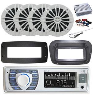 Pyle PLRMR23BTW Single DIN Bluetooth Marine MP3 Stereo Receiver, Spa bezel, Adapter Plate, 22" Radio Antenna, Wire, 4x 6.5" 90 Watt Peak Power 2-Way Full Range Audio Speakers (White)
