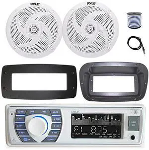 Pyle PLRMR23BTW Single DIN Bluetooth Marine MP3 Stereo Receiver, Spa bezel, Adapter Plate, 22" Radio Antenna, Wire, 2x 8'' 320 Watt Max 2-Way Blue Flashing LED Boat Audio Speakers (White)