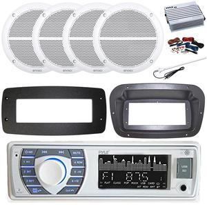 Pyle PLRMR23BTW Single DIN Bluetooth Marine MP3 Stereo Receiver, Spa bezel, Adapter Plate, 22" Radio Antenna, Wire, 4x 6.5" 180 Watt Peak 2-Way Blue Flashing LED Boat Audio Speakers (White)