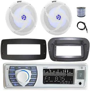 Pyle PLRMR23BTW Single DIN Bluetooth Marine MP3 Stereo Receiver, Spa bezel, Adapter Plate, 22" Radio Antenna, Wire, 2x 8'' 320 Watt Max 2-Way Boat Audio Speakers (White)