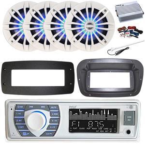 Pyle PLRMR23BTW Single DIN Bluetooth Marine MP3 Stereo Receiver, Spa bezel, Adapter Plate, 22" Radio Antenna, Wire, 4x 3.5" 300W Max Indoor/Outdoor Waterproof Wall Mount Speakers (White)
