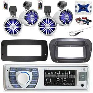 Pyle PLRMR23BTW Single DIN Bluetooth Marine MP3 Stereo Receiver, Spa bezel, Adapter Plate, Radio Antenna, Wire, 4x 6.5" 600 Watt Max 2-Way Full Range Waterproof Wireless RF Streaming Speakers (White)