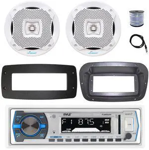 Pyle PLMRB29W Single DIN Bluetooth Marine MP3 Stereo Receiver, Spa bezel, Adapter Plate, 22" Radio Antenna, Wire, 2x 6.5" 450 Watt Peak 2-Way Water Resistant Boat Audio Speakers (White)