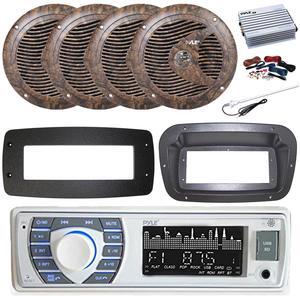 Pyle PLRMR23BTW Single DIN Bluetooth Marine MP3 Stereo Receiver, Spa bezel, Adapter Plate, 22" Radio Antenna, Wire, 4x 6.5" 150 Watt Max Full Range Dual Cone Waterproof Stereo Speakers (White)