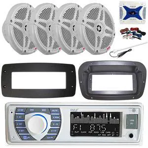 Pyle PLRMR23BTW Single DIN Bluetooth Marine MP3 Stereo Receiver, Spa bezel, Adapter Plate, 22" Radio Antenna, Wire, 4x 6.5'' 240 Watt Peak Slim Waterproof Multicolor LED Stereo Speakers (Camo)
