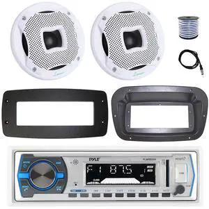 Pyle PLMRB29W Single DIN Bluetooth Marine MP3 Stereo Receiver, Spa bezel, Adapter Plate, 22" Radio Antenna, Wire, 2x 6.5" 400W Max 2-Way Water Resistant Audio Speakers (White)