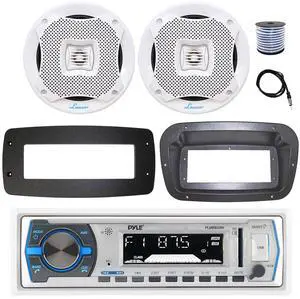 Pyle PLMRB29W Single DIN Bluetooth Marine MP3 Stereo Receiver, Spa bezel, Adapter Plate, 22" Radio Antenna, Wire, 2x 4" 30 Watt Peak Water-Resistant 3-Way InDoor/OutDoor Audio Speakers (White)