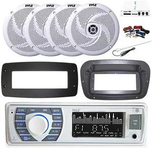Pyle PLRMR23BTW Single DIN Bluetooth Marine MP3 Stereo Receiver, Spa bezel, Adapter Plate, 22" Radio Antenna, Wire, 4x 1" 120 Watt Max Waterproof Audio Tweeters w/Crossover Network (White)