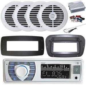 Pyle PLRMR23BTW Single DIN Bluetooth Marine MP3 Stereo Receiver, Spa bezel, Adapter Plate, 22" Radio Antenna, Wire, 4x 6.5'' 150 Watt Max Dual Cone Multicolor LED Audio Speakers (White) w/Remote