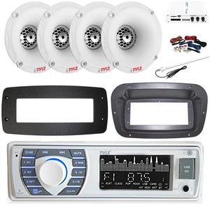 Pyle PLRMR23BTW Single DIN Bluetooth Marine MP3 Stereo Receiver, Spa bezel, Adapter Plate, 22" Radio Antenna, Wire, 4x 6.5" 250 Watt Max 2-Way Waterproof Multicolor LED Audio Speakers (White)