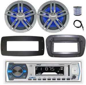Pyle PLMRB29W Single DIN Bluetooth Marine MP3 Stereo Receiver, Spa bezel, Adapter Plate, 22" Radio Antenna, Wire, 2x 6.5" 180 Watt Peak Power 2-Way Boat Audio Speakers (White)