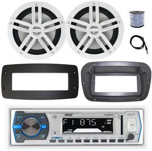 Pyle PLMRB29W Single DIN Bluetooth Marine MP3 Stereo Receiver, Spa bezel, Adapter Plate, 22" Radio Antenna, Wire, 2x 6.5" 180 Watt Max Power 2-Way Water Resistant Audio Speakers (White)