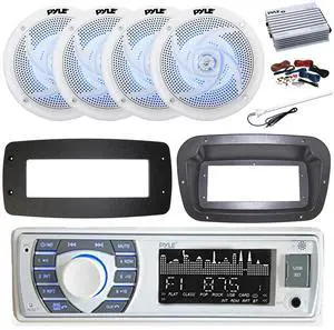 Pyle PLRMR23BTW Single DIN Bluetooth Marine MP3 Stereo Receiver, Spa bezel, Adapter Plate, 22" Radio Antenna, Wire, 4x 6'' 240 Watt Max Power 2-Way Blue Flashing LED Audio Speakers (White)