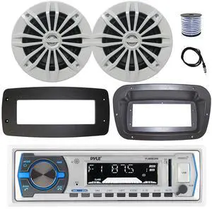 Pyle PLMRB29W Single DIN Bluetooth Marine MP3 Stereo Receiver, Spa bezel, Adapter Plate, 22" Radio Antenna, Wire, 2x 6.5" 90 Watt Peak Power 2-Way Full Range Audio Speakers (White)