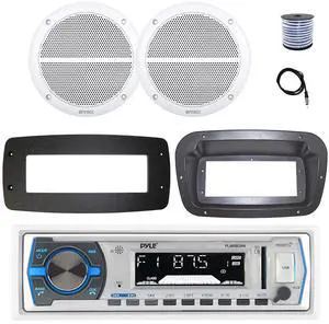Pyle PLMRB29W Single DIN Bluetooth Marine MP3 Stereo Receiver, Spa bezel, Adapter Plate, 22" Radio Antenna, Wire, 2x 6.5" 180 Watt Peak 2-Way Blue Flashing LED Boat Audio Speakers (White)