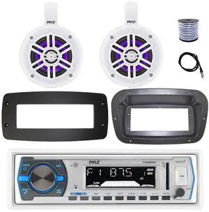 Pyle PLMRB29W Single DIN Bluetooth Marine MP3 Stereo Receiver, Spa bezel, Adapter Plate, 22" Radio Antenna, Wire, 2x 4" 100 Watt Max 2-Way Blue Flashing LED Boat Audio Speakers (White)
