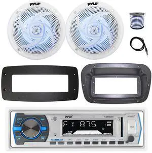 Pyle PLMRB29W Single DIN Bluetooth Marine MP3 Stereo Receiver, Spa bezel, Adapter Plate, 22" Radio Antenna, Wire, 2x 6'' 240 Watt Max 2-Way Boat Audio Speakers (White)