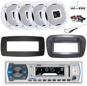 Pyle PLMRB29W Single DIN Bluetooth Marine MP3 Stereo Receiver, Spa bezel, Adapter Plate, 22" Radio Antenna, Wire, 4x 6.5" 400W Max 2-Way Water Resistant Audio Speakers (White)