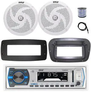 Pyle PLMRB29W Single DIN Bluetooth Marine MP3 Stereo Receiver, Spa bezel, Adapter Plate, 22" Radio Antenna, Wire, 2x 8'' 320 Watt Max 2-Way Blue Flashing LED Boat Audio Speakers (White)