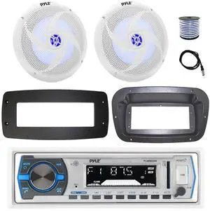 Pyle PLMRB29W Single DIN Bluetooth Marine MP3 Stereo Receiver, Spa bezel, Adapter Plate, 22" Radio Antenna, Wire, 2x 8'' 320 Watt Max 2-Way Boat Audio Speakers (White)
