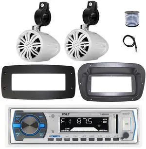 Pyle PLMRB29W Single DIN Bluetooth Marine MP3 Stereo Receiver, Spa bezel, Adapter Plate, 22" Radio Antenna, Wire, 2x 3.5'' 200 Watt Max 3-Way Indoor/Outdoor Wall Mount Speaker (White)