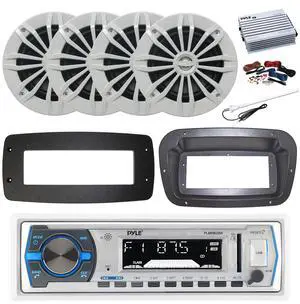Pyle PLMRB29W Single DIN Bluetooth Marine MP3 Stereo Receiver, Spa bezel, Adapter Plate, 22" Radio Antenna, Wire, 4x 6.5" 90 Watt Peak Power 2-Way Full Range Audio Speakers (White)