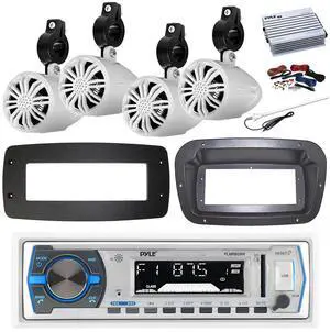 Pyle PLMRB29W Single DIN Bluetooth Marine MP3 Stereo Receiver, Spa bezel, Adapter Plate, 22" Radio Antenna, Wire, 4x 3.5'' 200 Watt Max 3-Way Indoor/Outdoor Wall Mount Speaker (White)